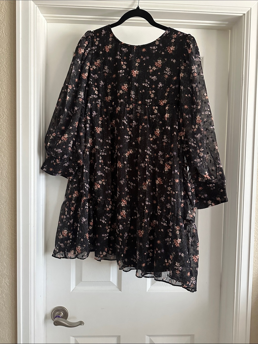 Aakaa Black Floral Dress with Pink and Lavender Blossoms